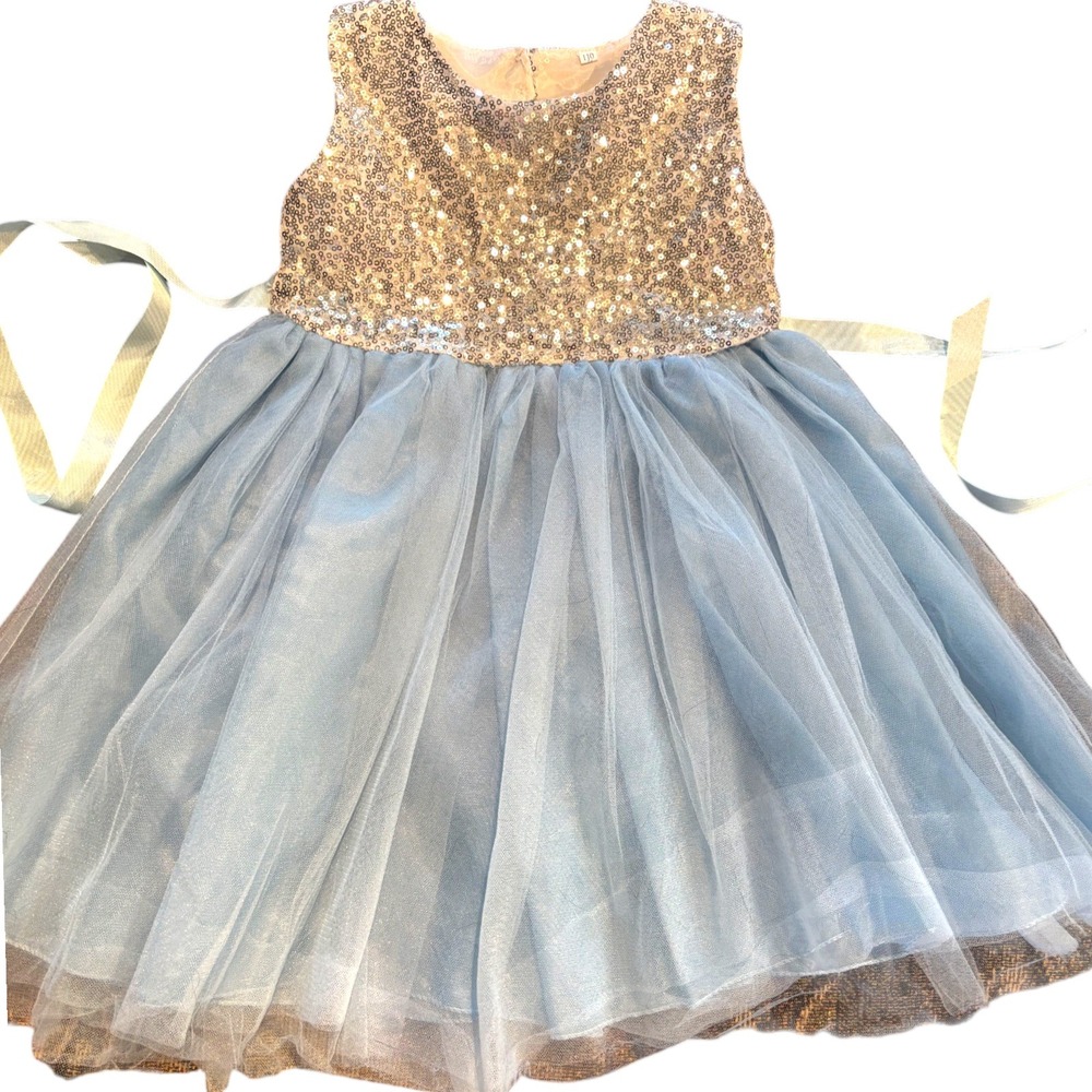 Girls Sequin Tulle Party Dress Blue Silver Heart Cutout Back Size 110